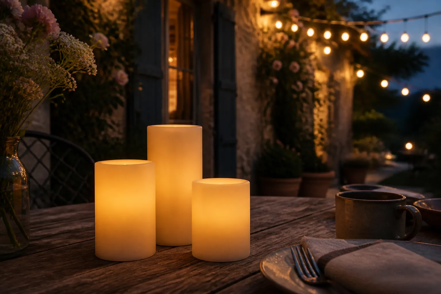 Bougies LED posées sur une table de terrasse le soir