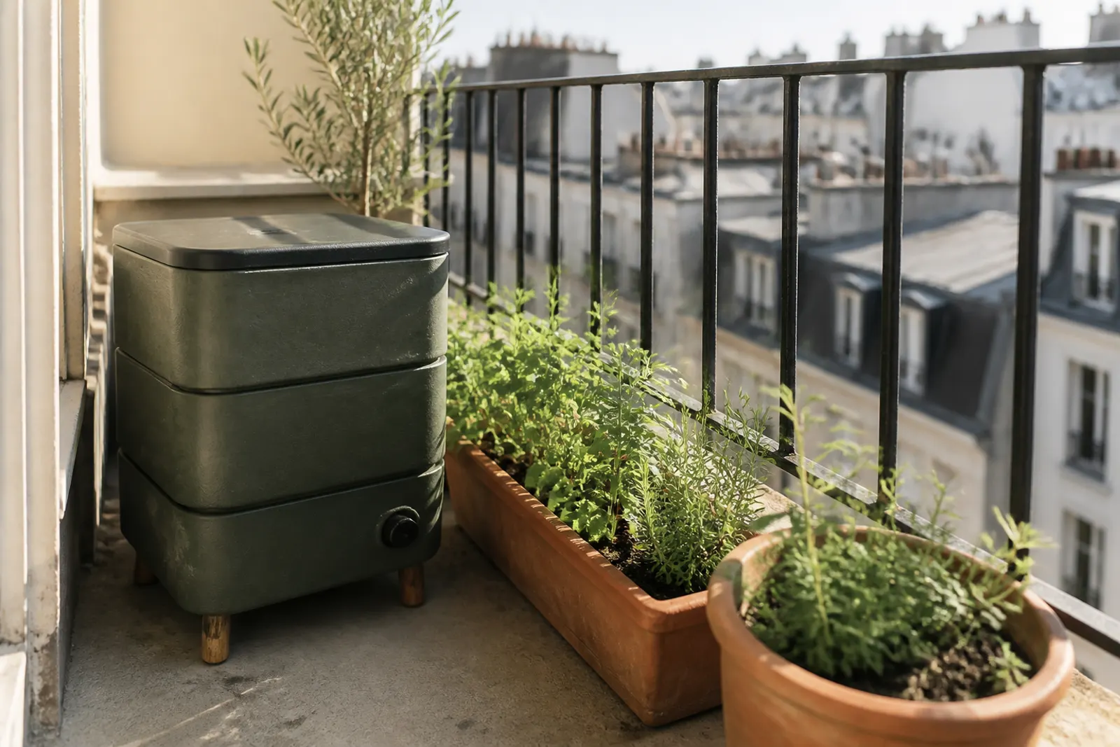 Petit composteur fermé sur un balcon, à côté de jardinières