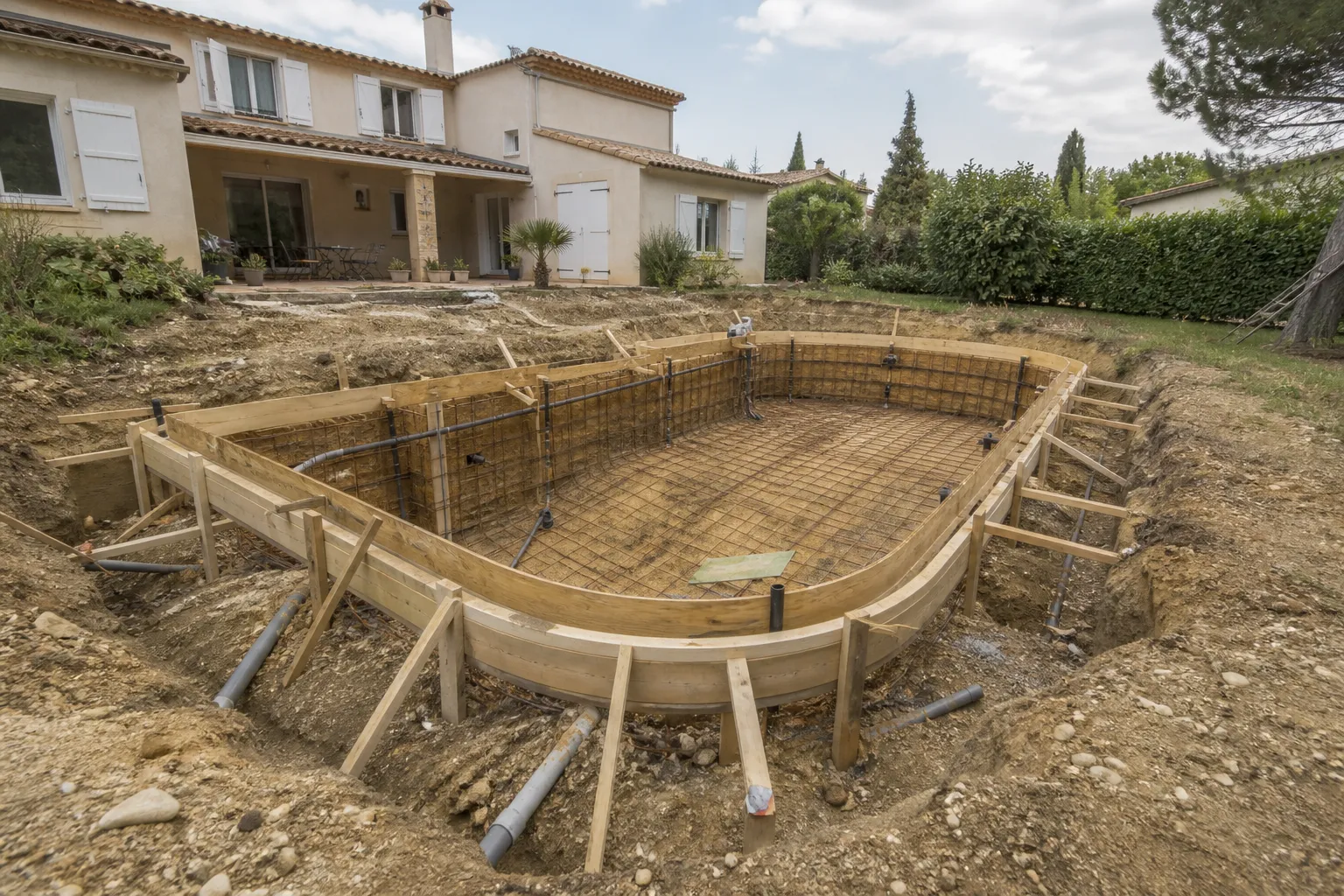 Piscine dans un jardin de pavillon, vue d'ensemble