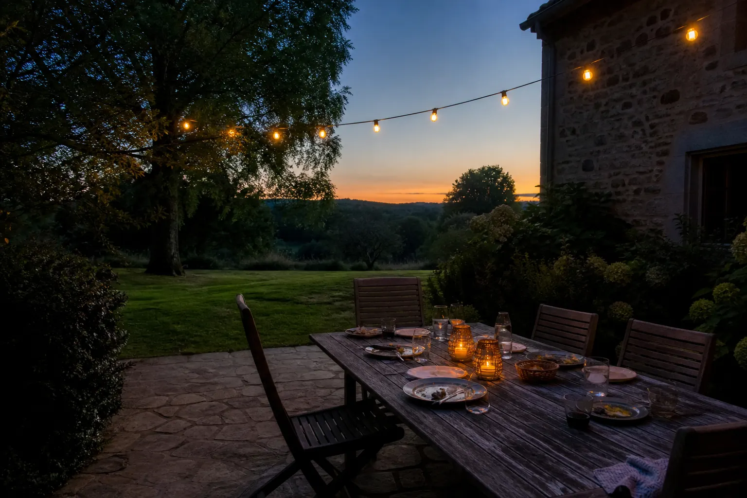 Terrasse de campagne éclairée le soir par une guirlande et des photophores, table encore dressée
