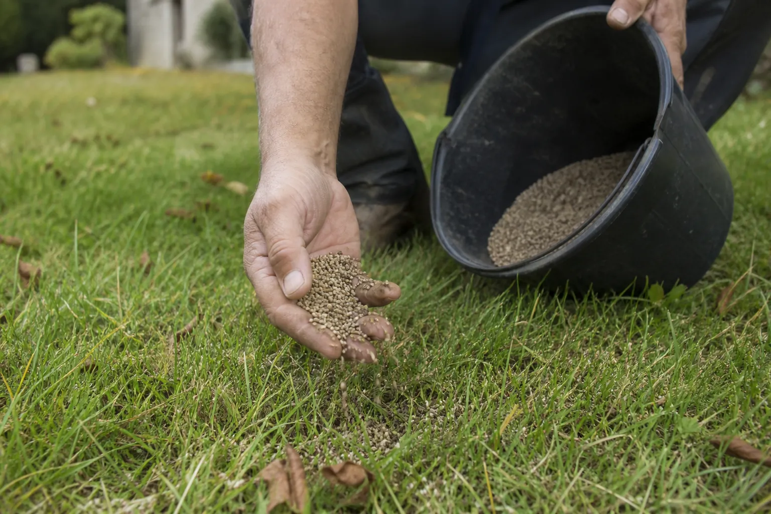 Granulés d’engrais gazon d’automne répandus à la main sur une pelouse
