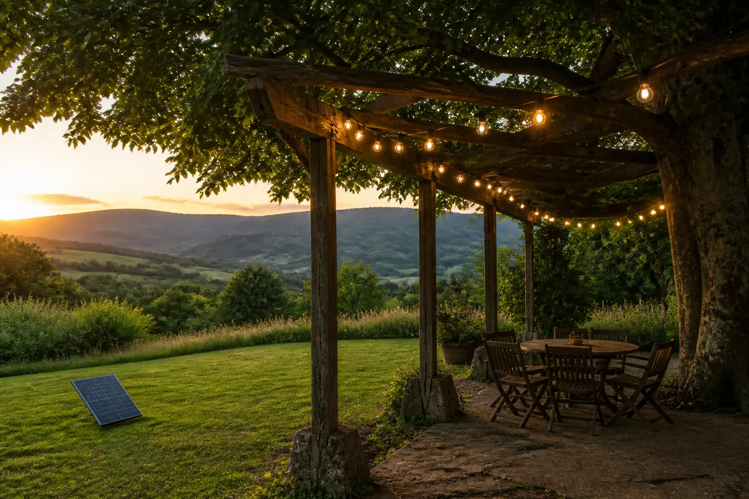 Guirlande solaire tendue sous une pergola, panneau déporté au soleil, hêtre en arrière-plan