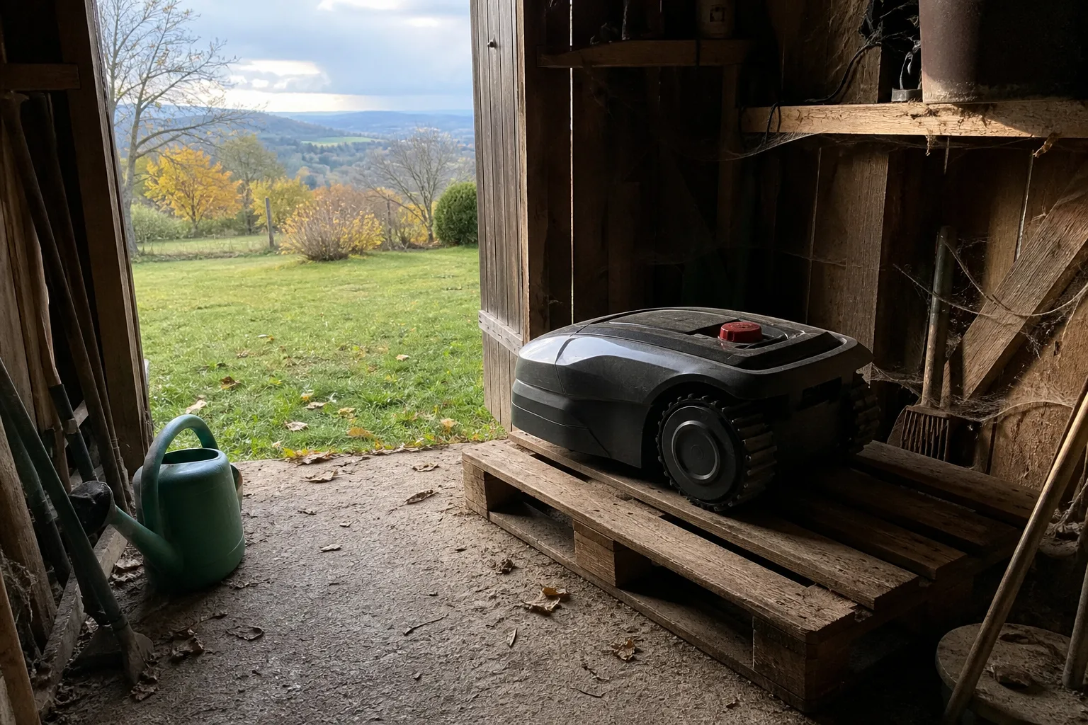 Tondeuse robot rentrée au sec dans un cabanon, prête pour l'hiver