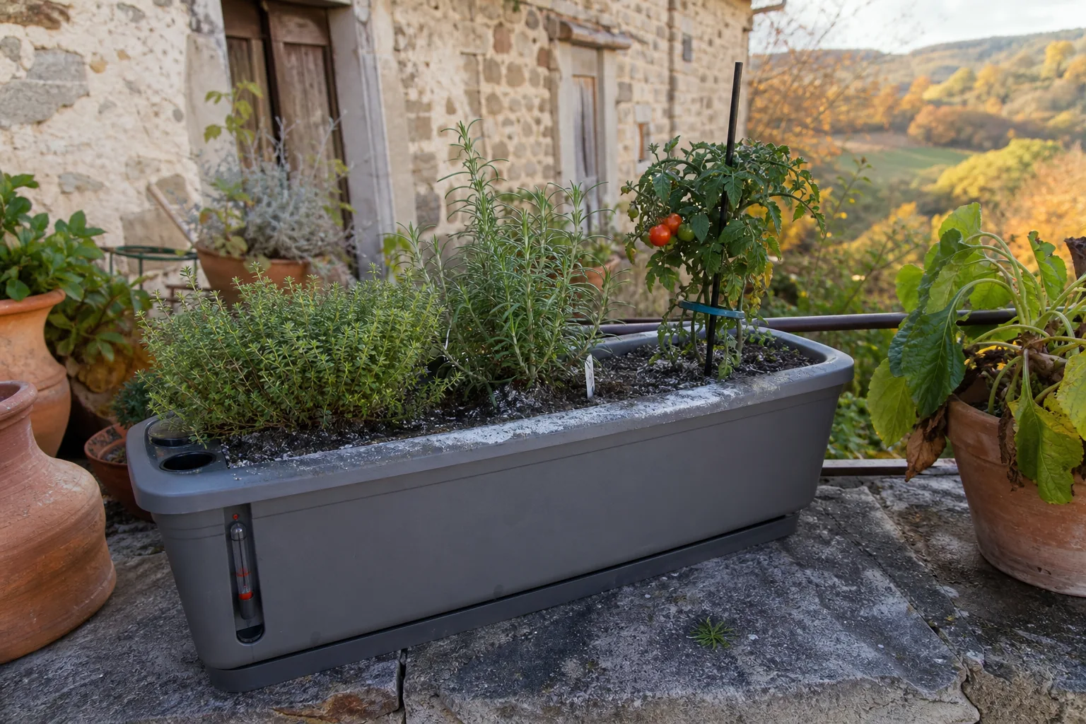 Jardinière autarrosante sur une terrasse, indicateur de niveau d'eau visible