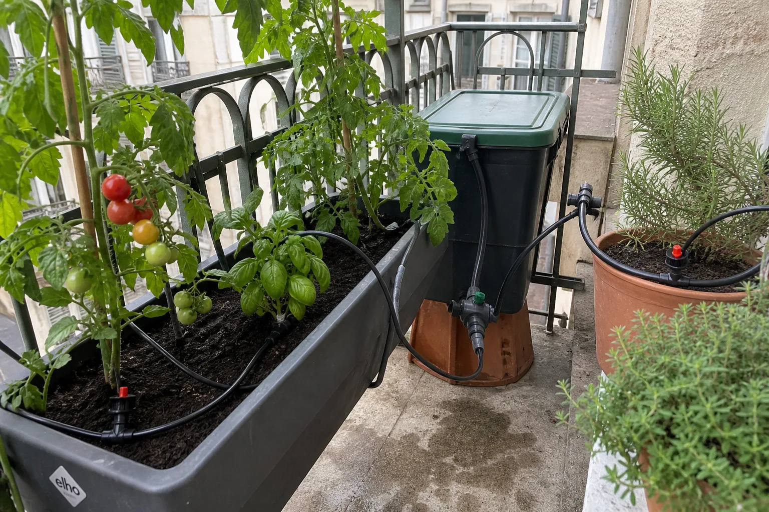 Tuyau goutte-à-goutte dans des pots sur une terrasse sans robinet