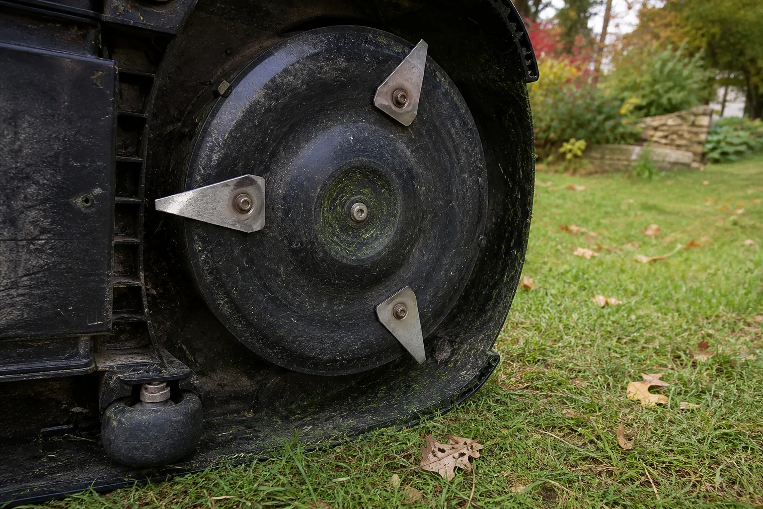 Petites lames pivotantes sous une tondeuse robot, herbe coupée autour