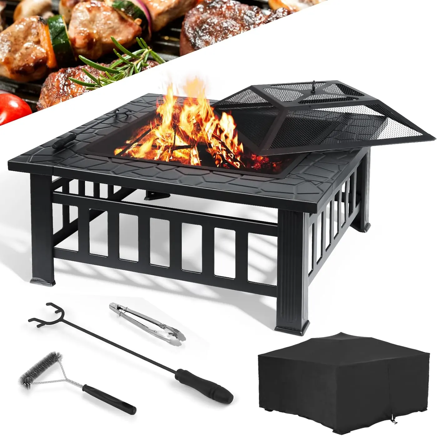 Brasero carré Liferun 81 cm avec pare-étincelles et plateau