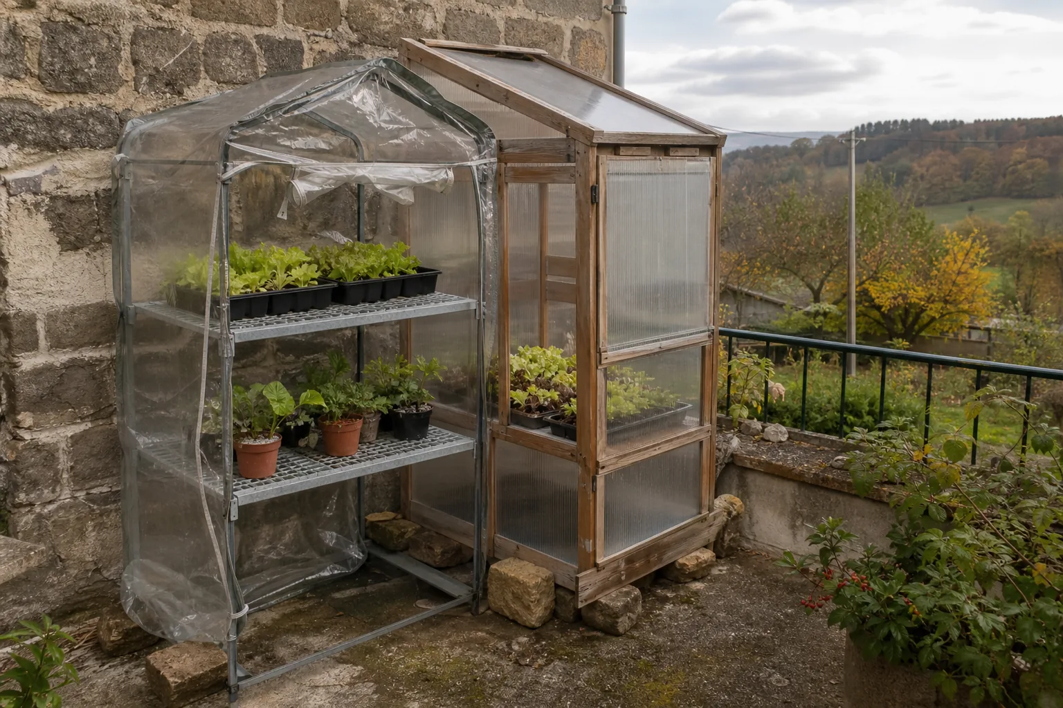 Petite serre d'étagère sur une terrasse, bâche transparente et tablettes de semis