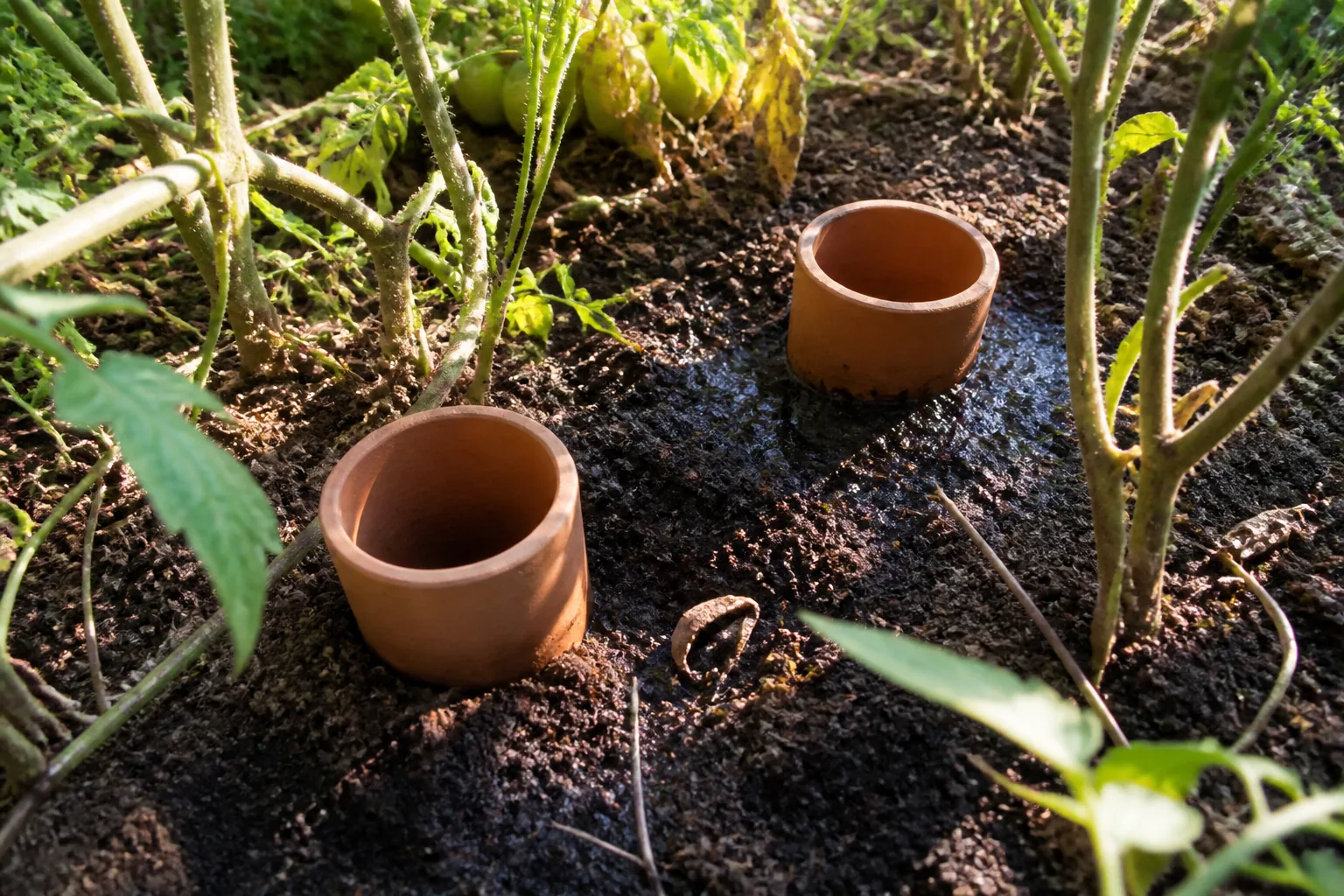 Oya en terre cuite enterrée au pied des tomates dans un potager