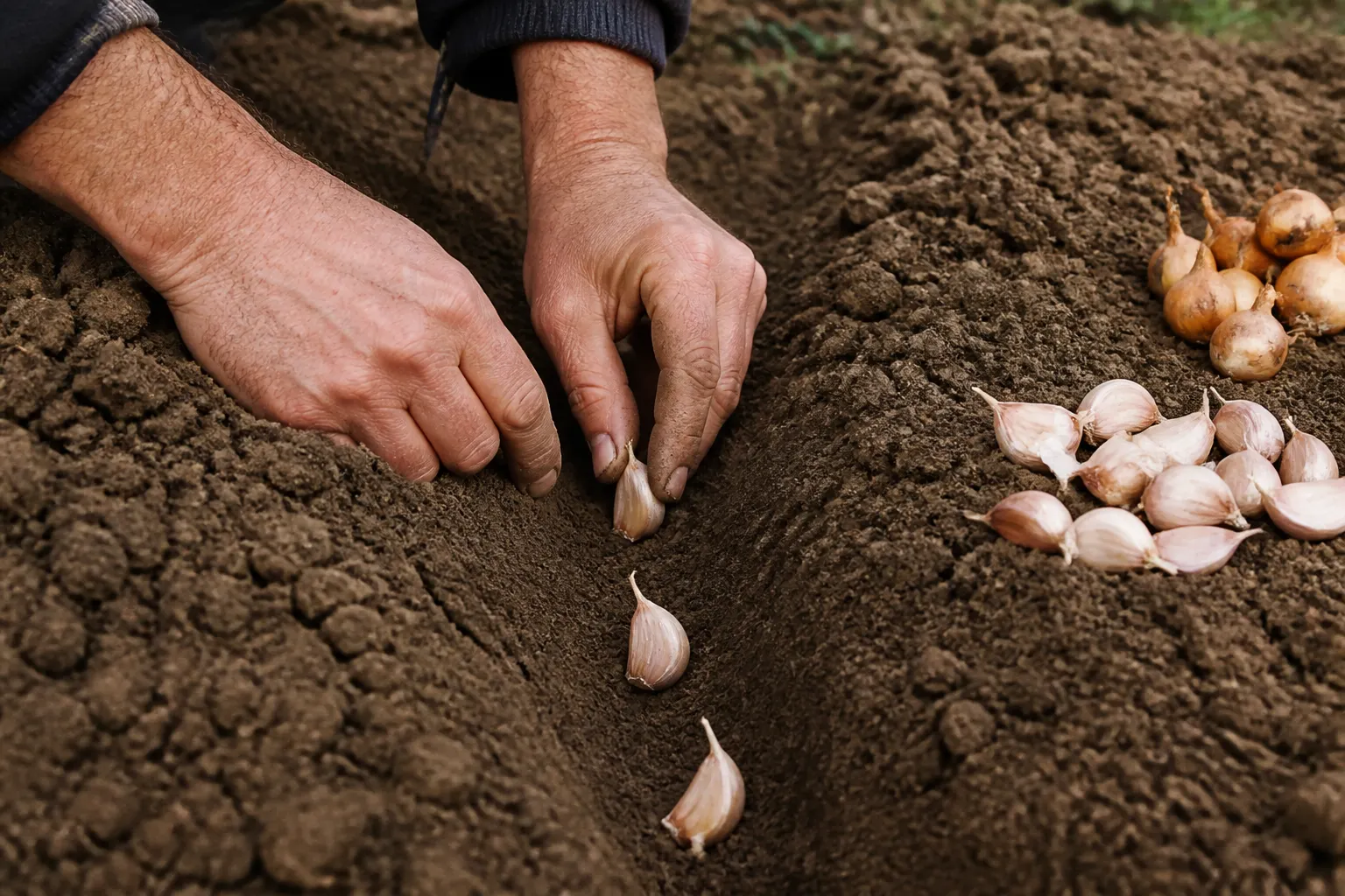 Caïeux d'ail plantés en ligne dans un carré de potager, terre drainée, septembre