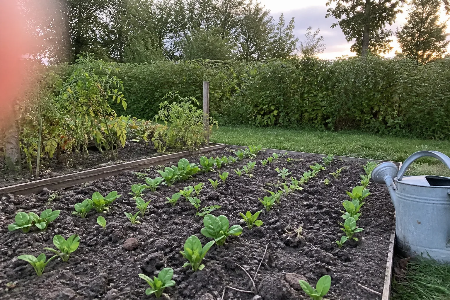 Lignes de mâche et d'épinards semés en septembre dans un carré de potager