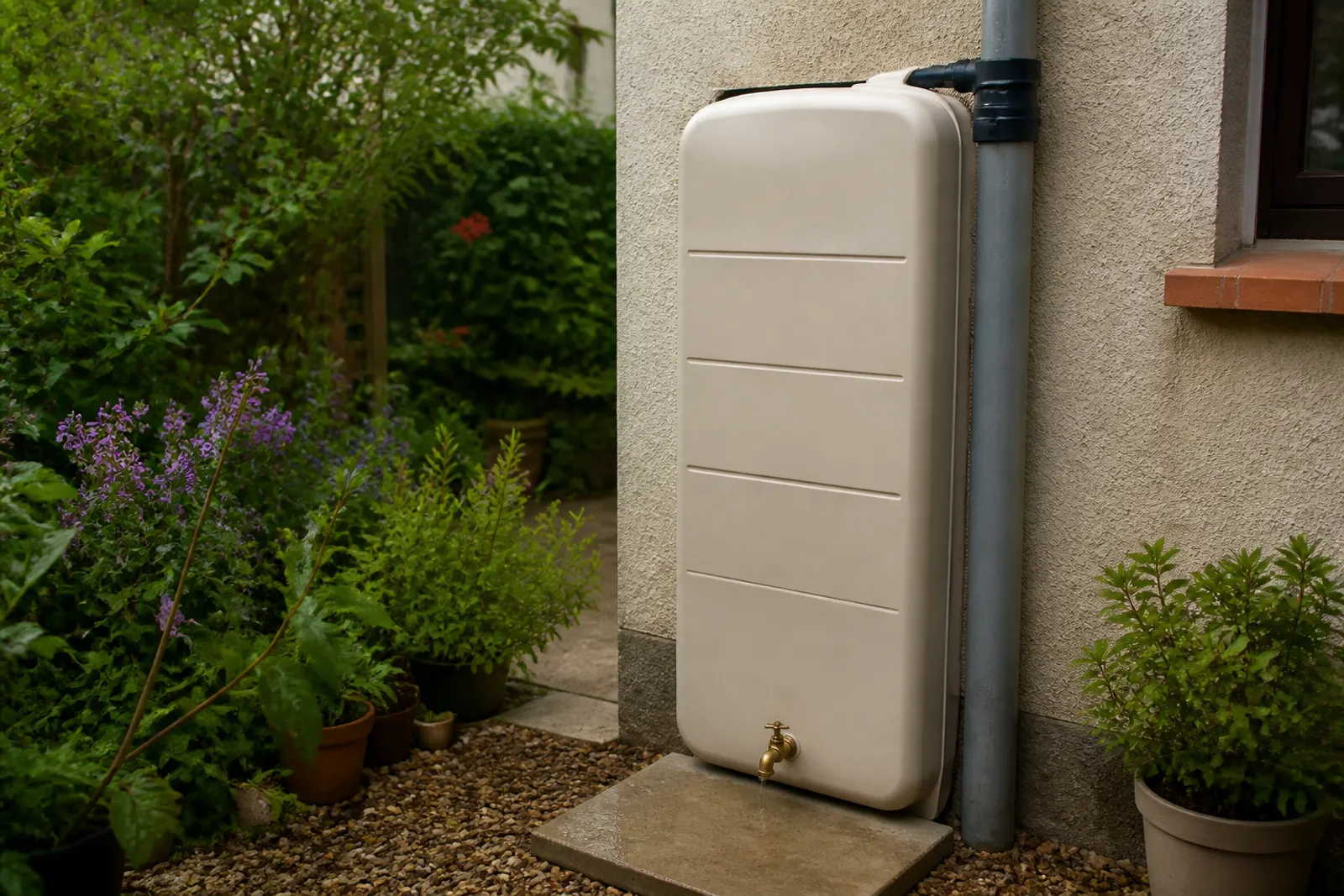 Cuve murale plate d’eau de pluie contre un mur, petit jardin