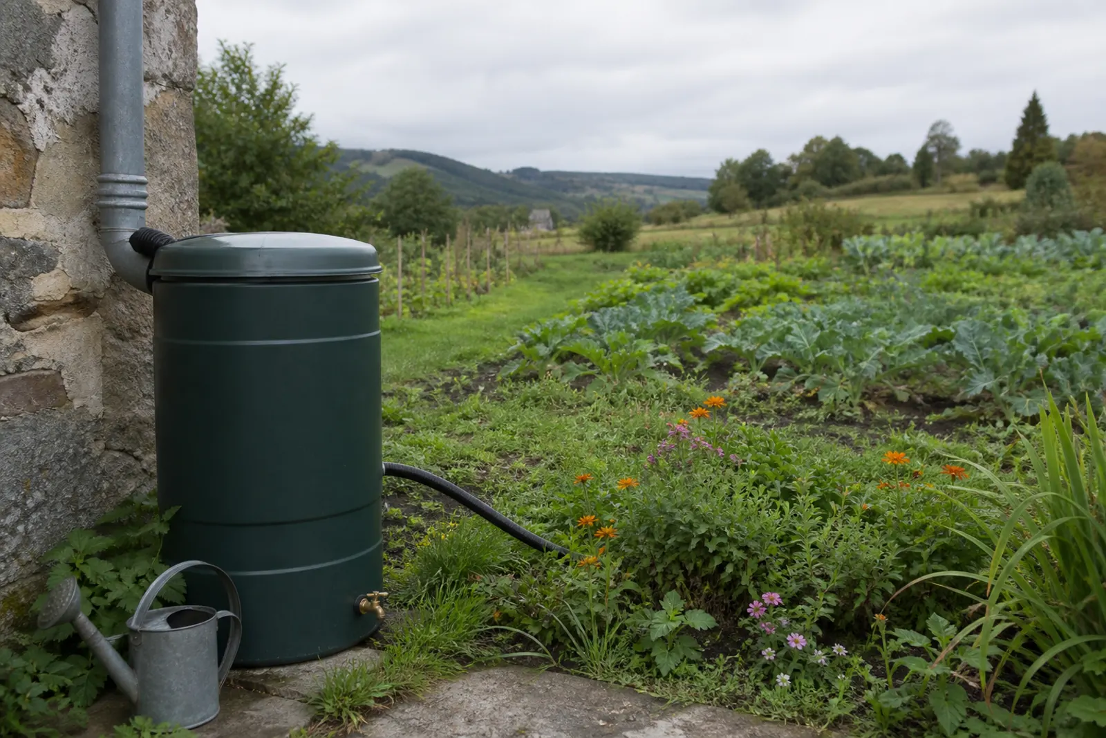 Cuve d’eau de pluie près du potager, trop-plein visible, jardin en Auvergne