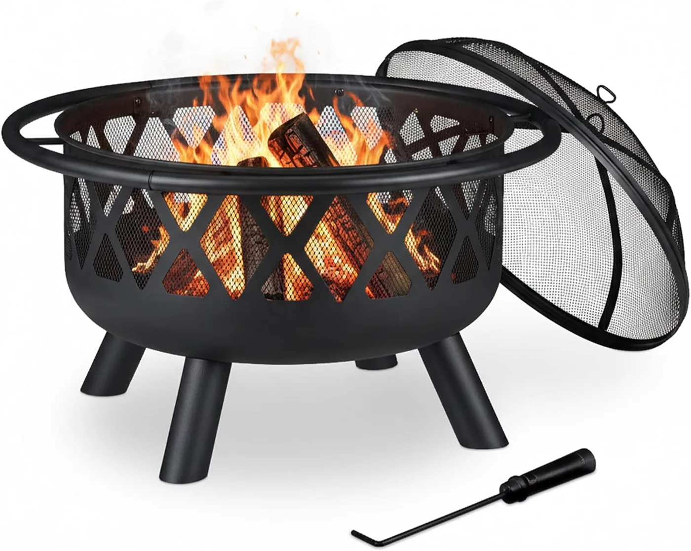 Brasero Relaxdays 75 cm avec pare-étincelles et tisonnier