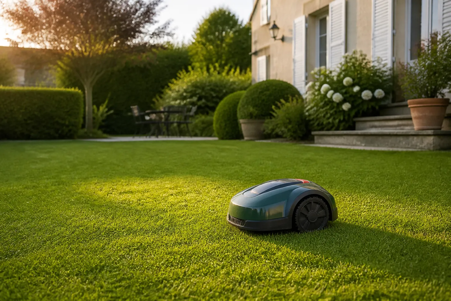 Robot tondeuse compact sur une pelouse de pavillon en fin de journée