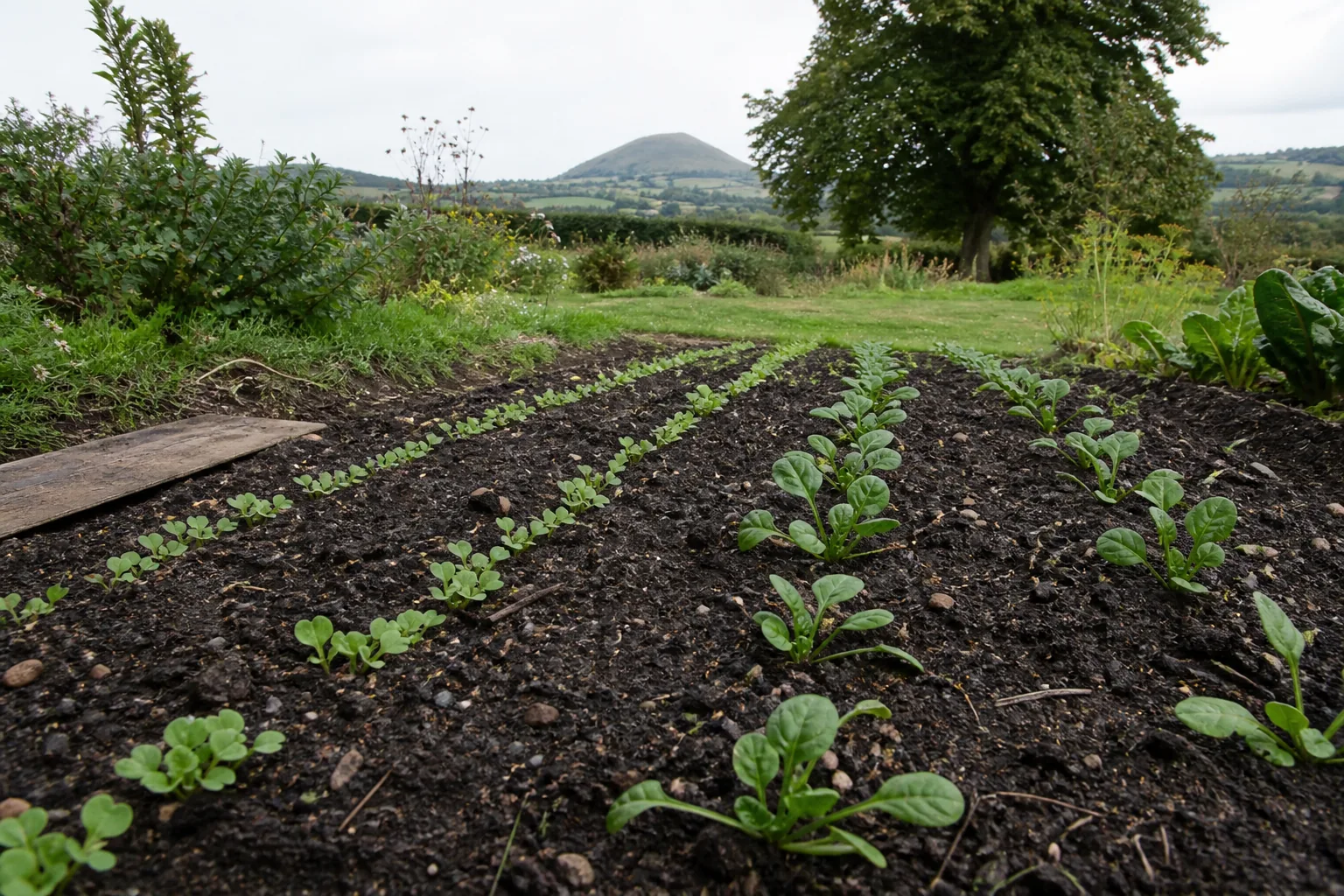 Semis de mâche et jeunes épinards en septembre dans un carré de potager