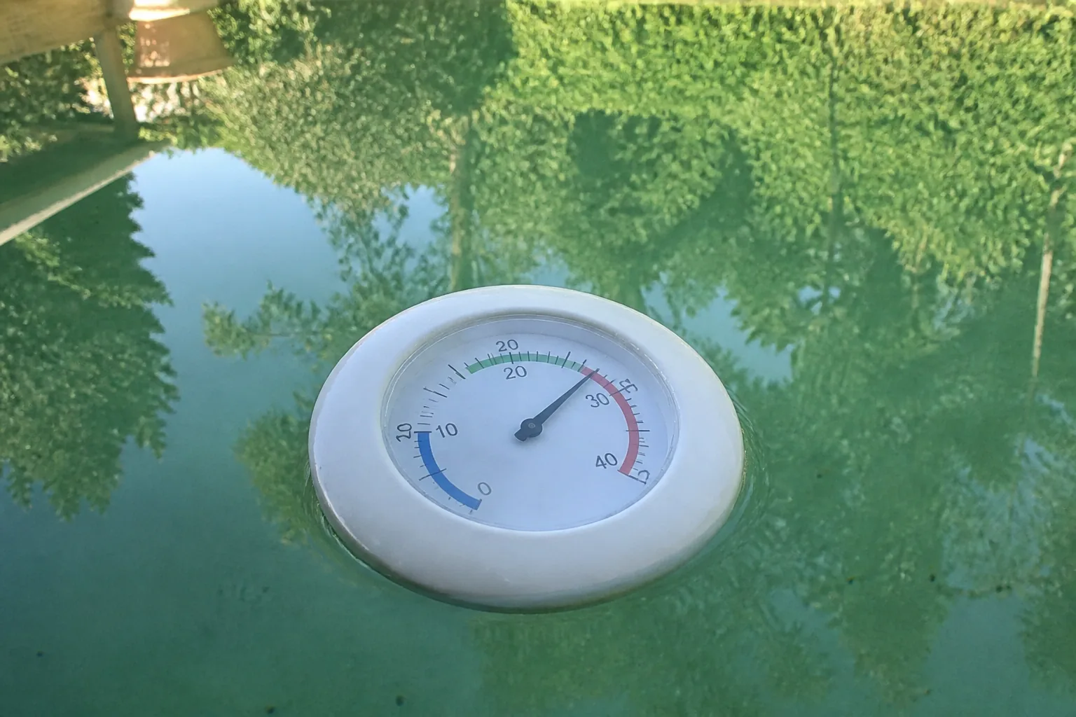 Thermomètre flottant dans un bassin de jardin, lecture de la température