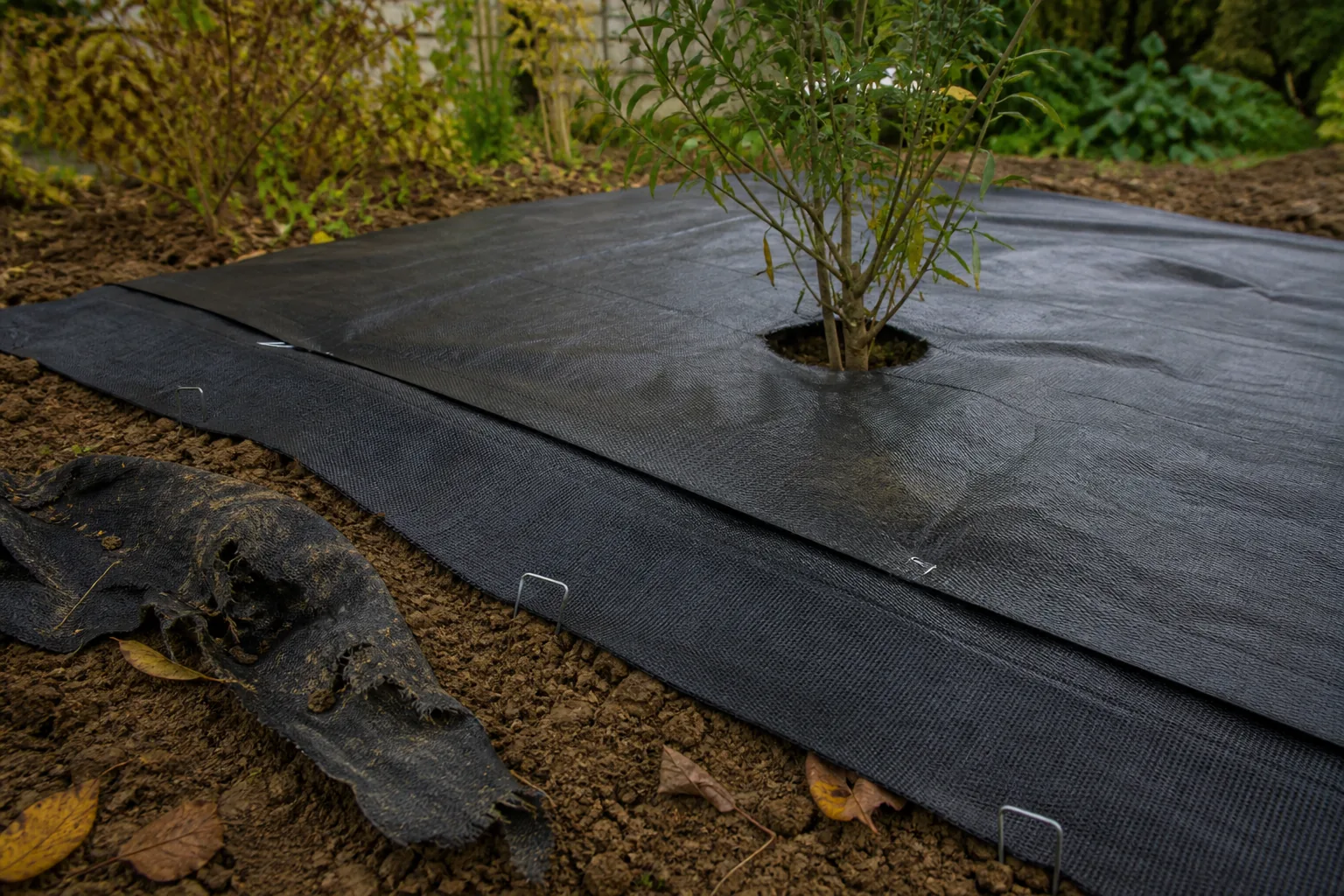 Toile de paillage tissée noire posée sur un massif, agrafes métalliques visibles